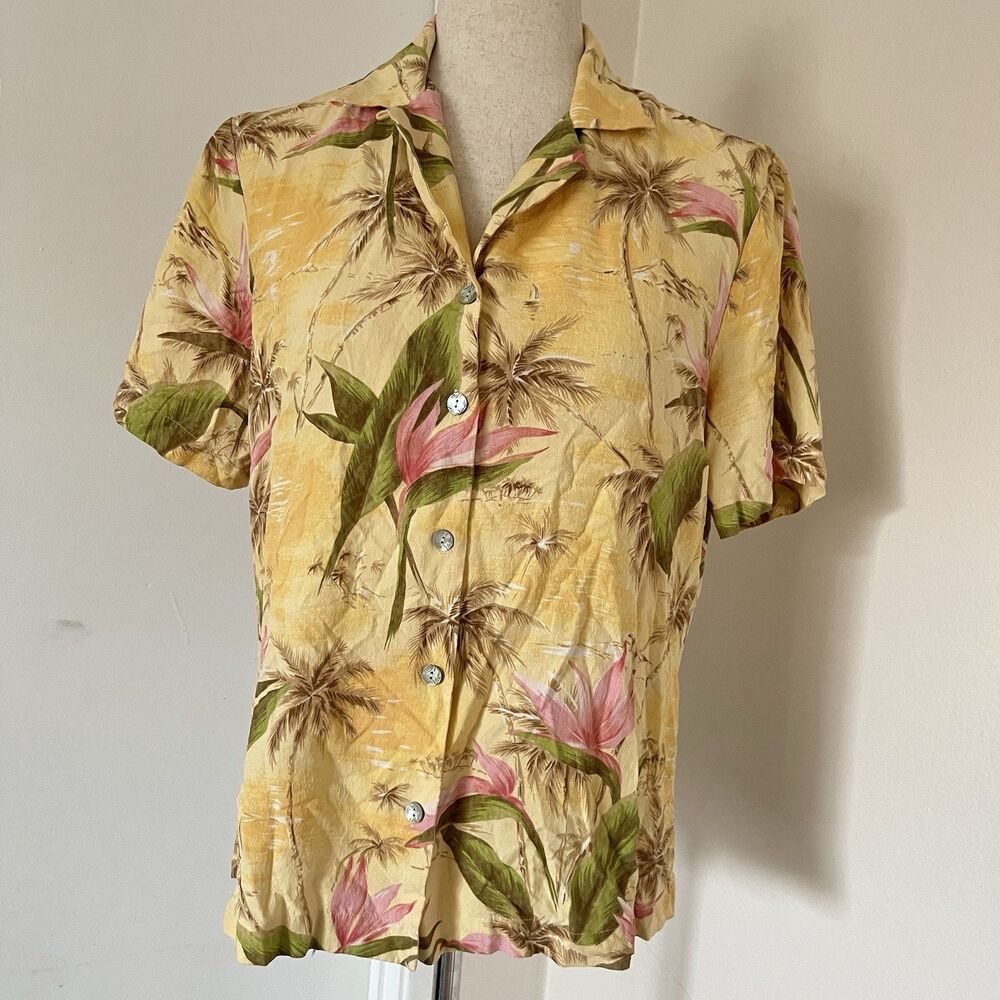 VTG Tommy Bahama Hawaiian Palm tree print button down blouse 100% Silk Sz L